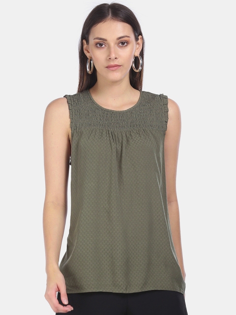 

GAP Women Olive Green Smocked Panel Patterned Weave Top