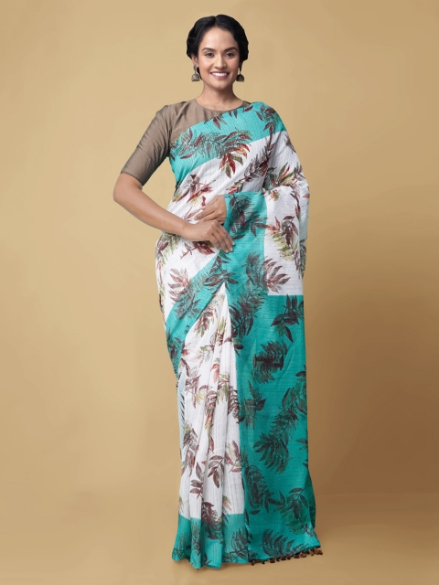 

Unnati Silks White Linen Blend Printed Jamdani Saree
