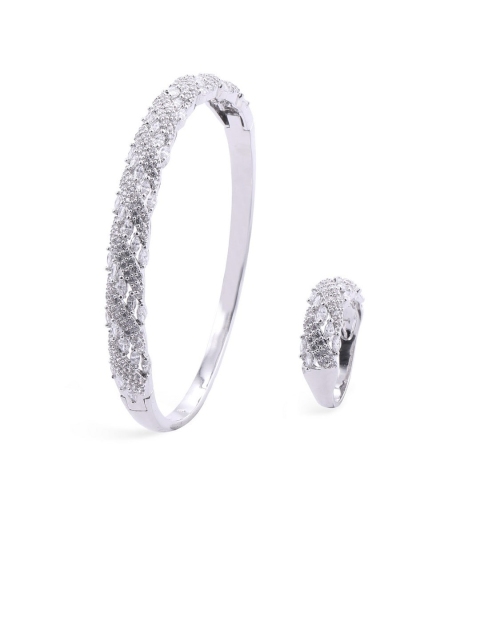 

shaze Silver-Toned & White CZ-Studded Bracelet & Finger Ring