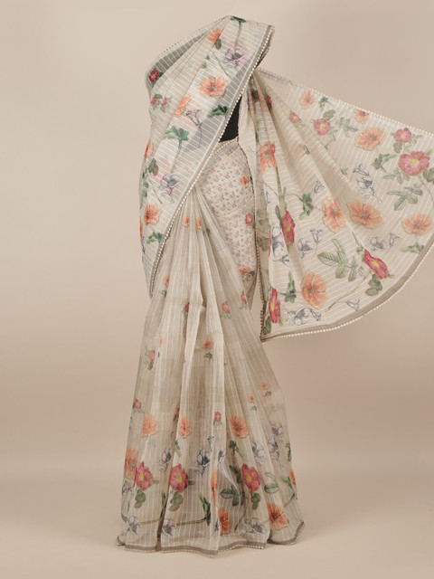 

Pothys Cream-Coloured & Peach-Coloured Jute Silk Striped Saree