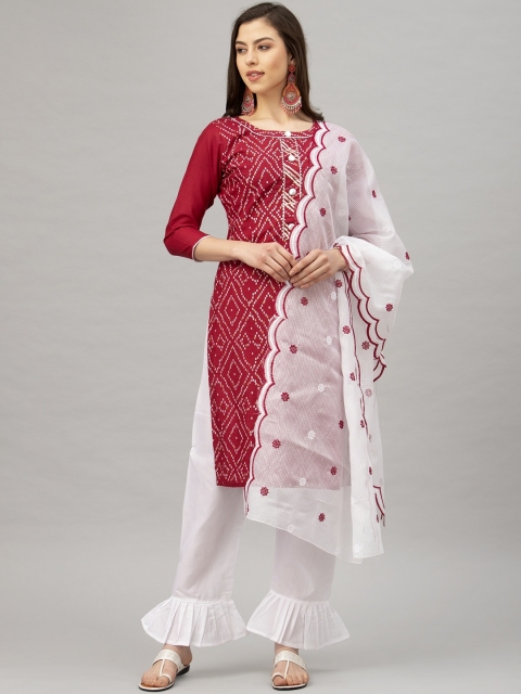 

Satrani Maroon & White Bandhani Gota Patti Unstitched Dress Material