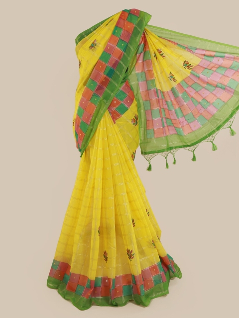 

Pothys Yellow Checked Cotton Blend Saree