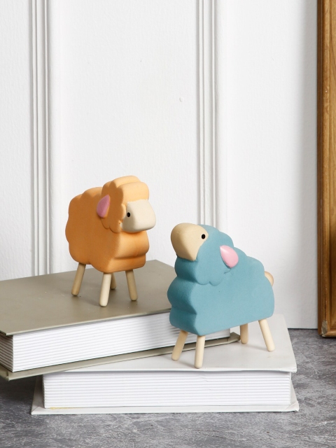 

TAYHAA Set of 2 Blue & Orange Sheep Pair With Wooden Legs Showpieces