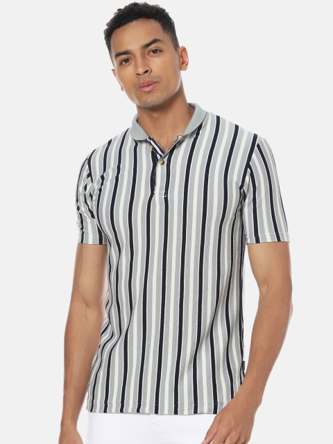 

Campus Sutra Men Grey Striped Polo Collar T-shirt