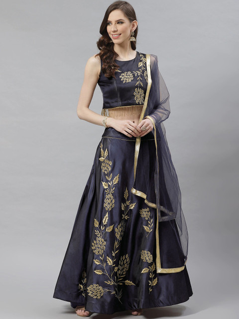 

Chhabra 555 Navy Blue & Gold-Toned Embellished Made to Measure Lehenga & Blouse with Dupatta