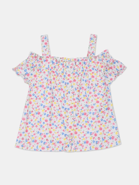 

Donuts White Floral Printed Cold-shoulder Sleeves A-line Top