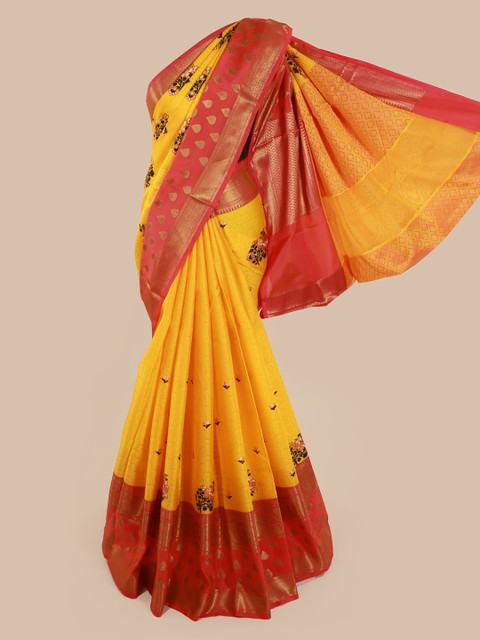 

Pothys Yellow & Red Cotton Blend Woven Design Saree