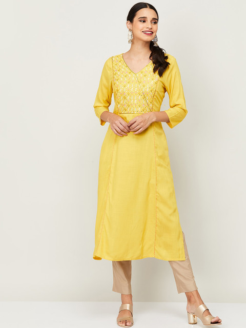 

Melange By Lifestyle Women Yellow Ethnic Motifs Yoke Design Thread Work Kurta