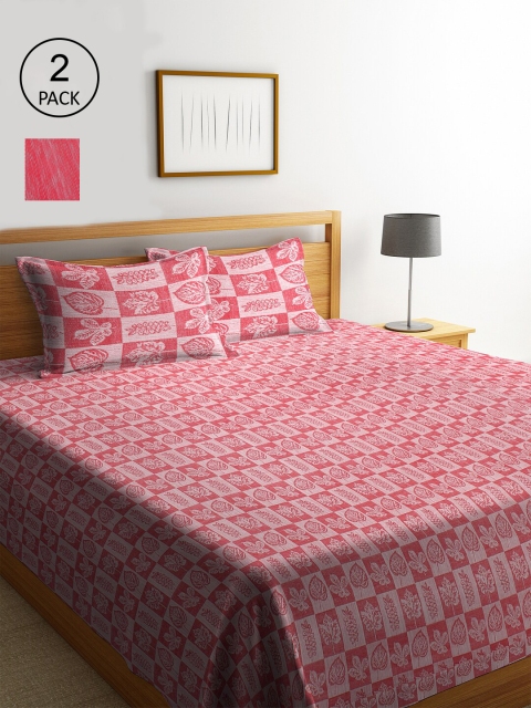 

KLOTTHE Set Of 2 Red Floral Double King Bed Covers With 4 Pillow Covers