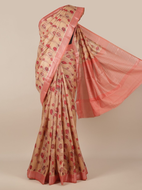 

Pothys Cream-Coloured & Peach-Coloured Jute Silk Printed Saree