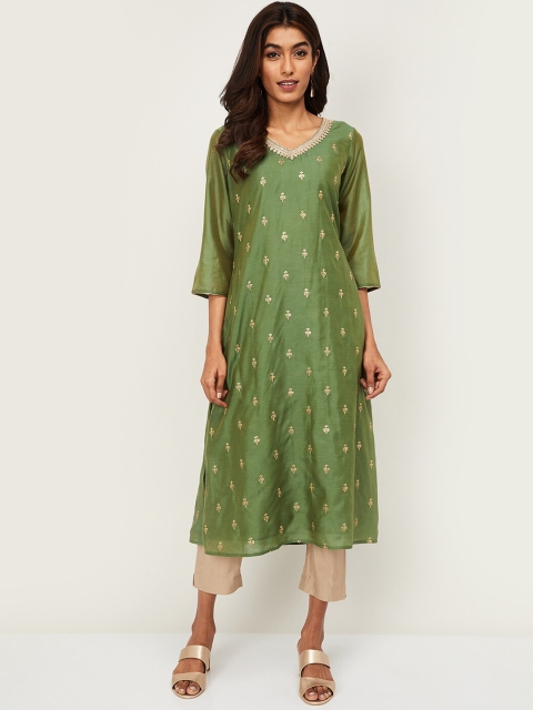 

Melange by Lifestyle Women Green Embroidered Kurta with Trousers & Dupatta