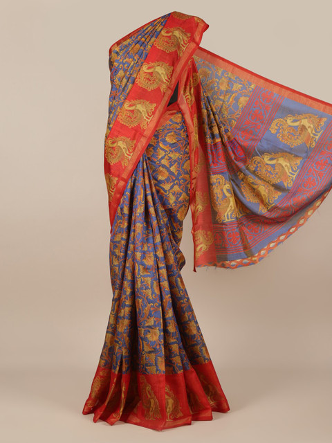 

Pothys Blue & Orange Jute Silk Printed Saree