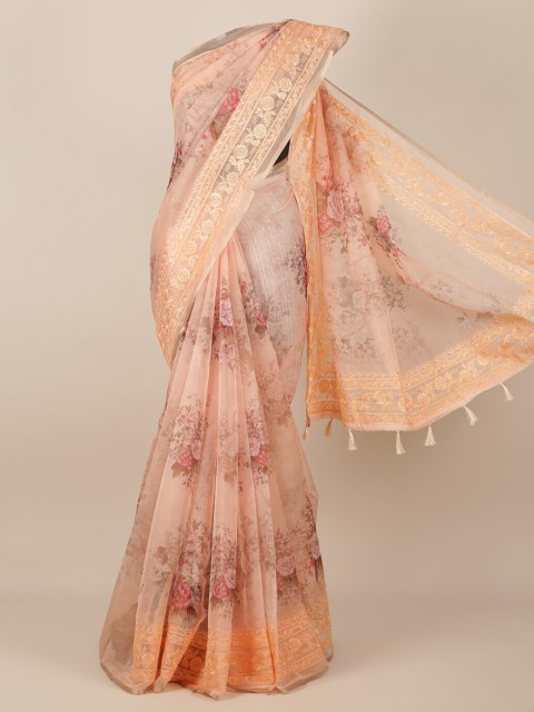 

Pothys Peach-Coloured Printed Tissue Saree