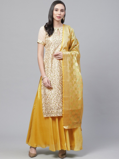Chhabra 555 Women Beige & Gold-Coloured Embroidered Kurta with Sharara & Dupatta