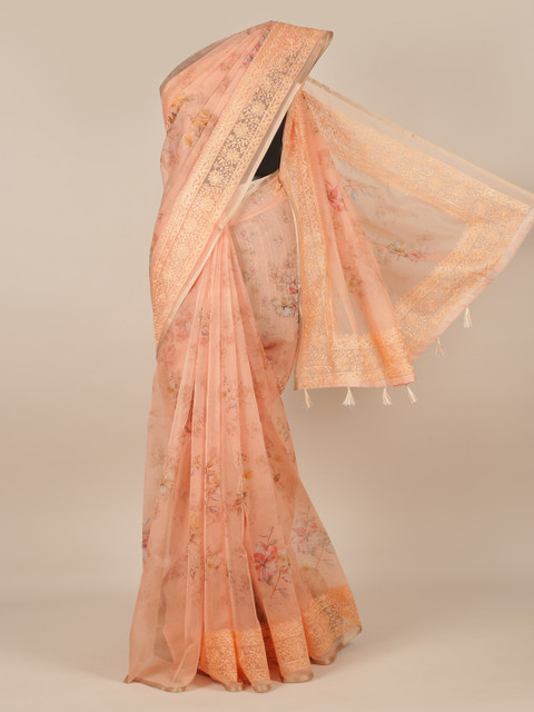 

Pothys Peach-Coloured Printed Tissue Saree
