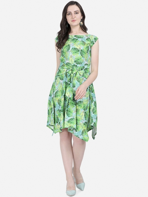 

Fbella Women Green Printed Fit and Flare Dress