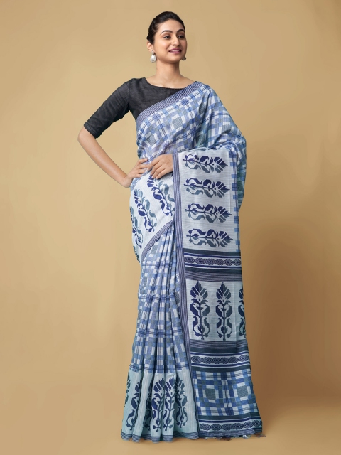 

Unnati Silks Blue Linen Blend Printed Jamdani Saree