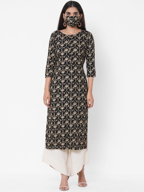 

FASHOR Women Black Ethnic Motifs Printed Kurta With Matching Mask