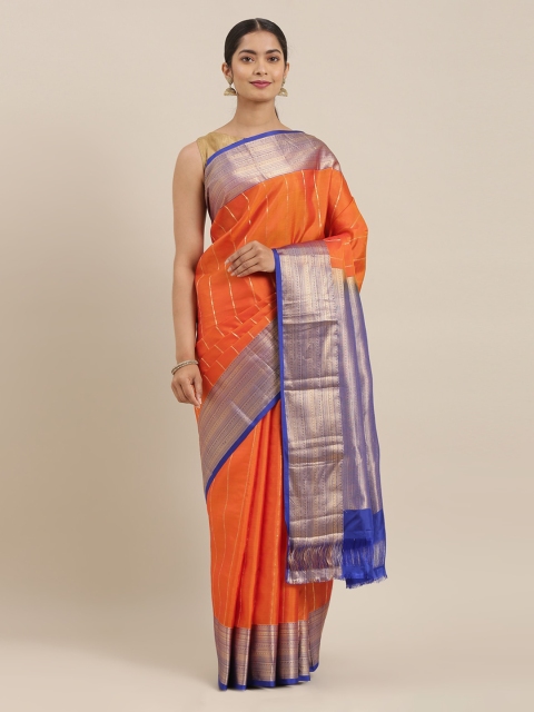 

The Chennai Silks Orange Pure Silk Striped Kanjeevaram Saree