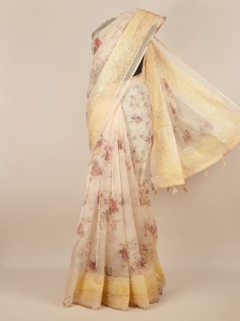

Pothys Cream-Coloured & Pink Tissue Embroidered Saree