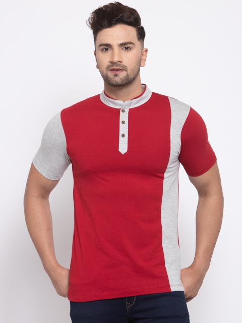 

Kalt Men Red & White Colourblocked Henley Neck T-shirt