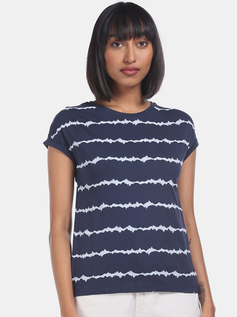 

Aeropostale Women Blue Striped Round Neck T-shirt