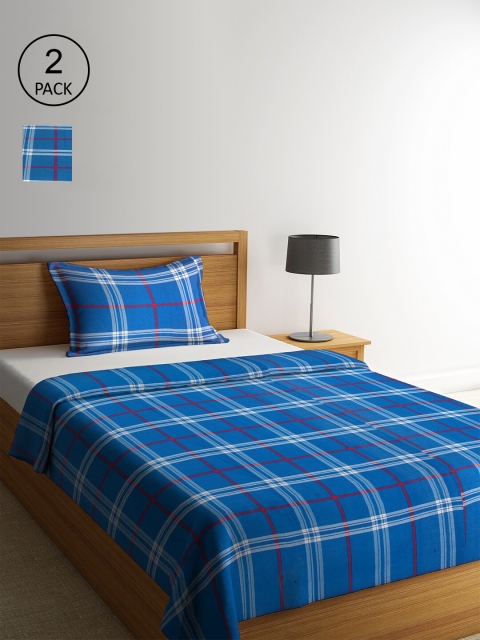 

KLOTTHE Set Of 2 Checked Single Bed Covers With 2 Pillow Covers, Blue