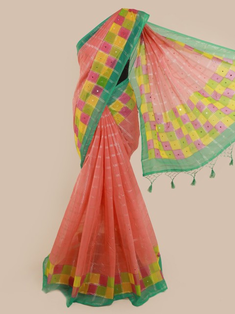 

Pothys Peach-Coloured Checked Cotton Blend Saree