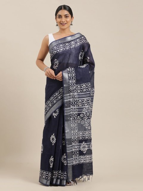 

The Chennai Silks Navy Blue & Beige Linen Blend Printed Saree