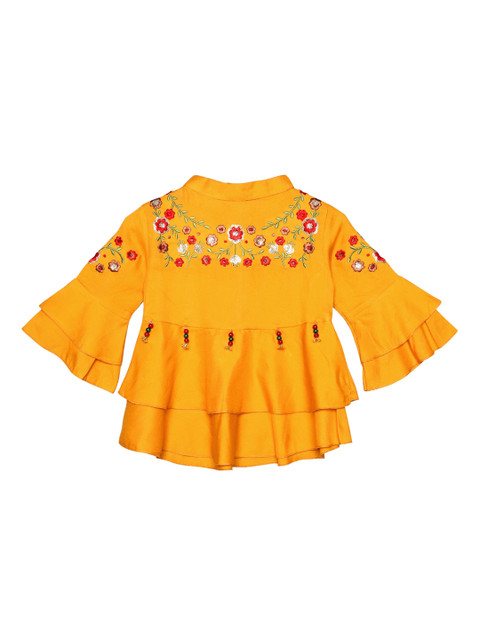 

Ishin Designer Studio Mustard Floral Embroidered Mandarin Collar Bell Sleeves A-line Top