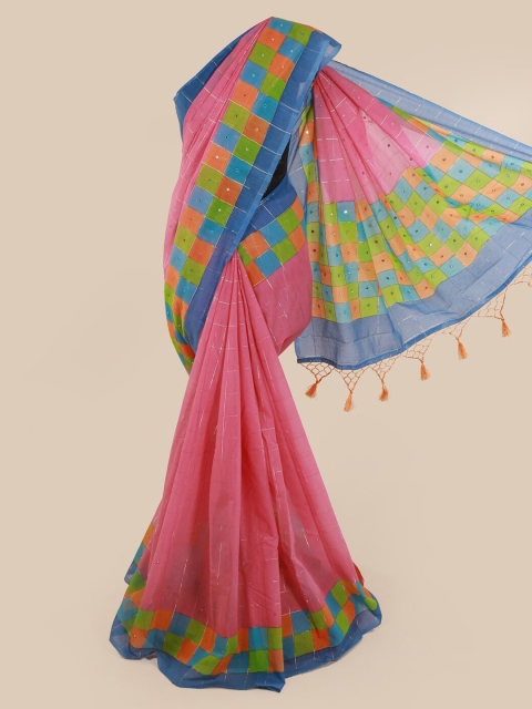 

Pothys Pink & Blue Cotton Blend Checked Saree
