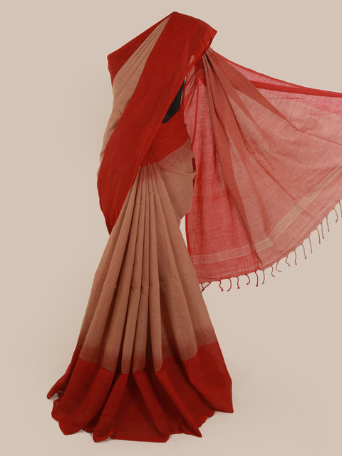 

Pothys Brown & Red Cotton Blend Solid Saree