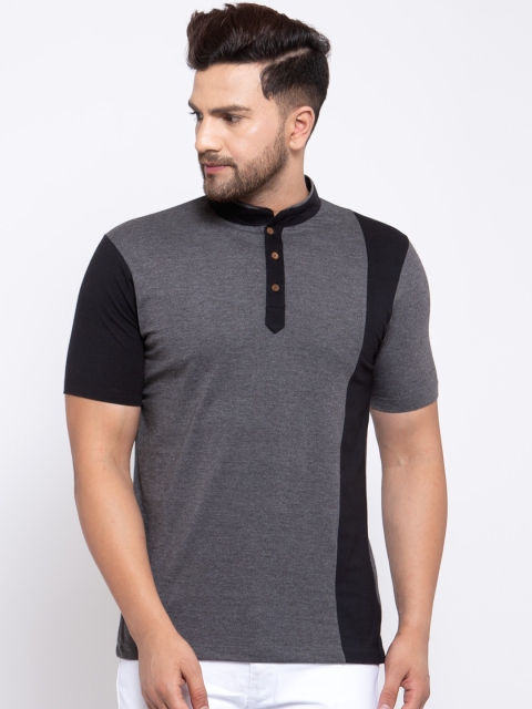 

Kalt Men Grey & Black Colourblocked Mandarin Collar T-shirt