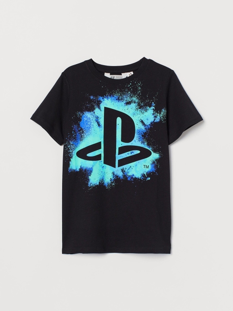 

H&M Mens Black Cotton Printed T-shirt, Multi
