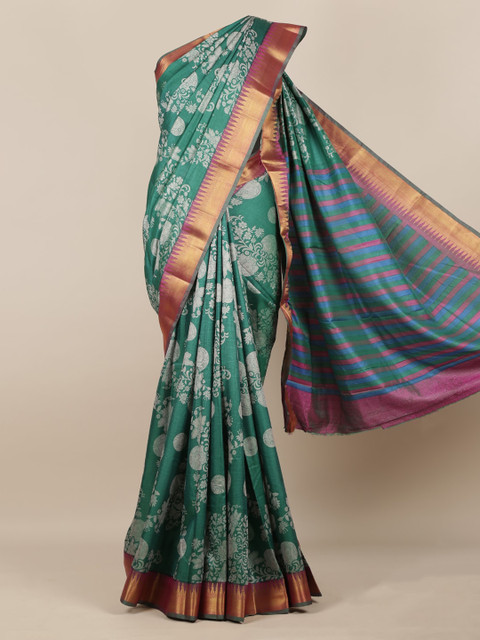 

Pothys Green & White Jute Silk Woven Design Saree