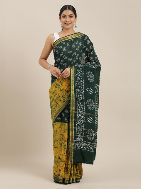 

The Chennai Silks Green & Yellow Pure Cotton Colourblocked Sungudi Saree