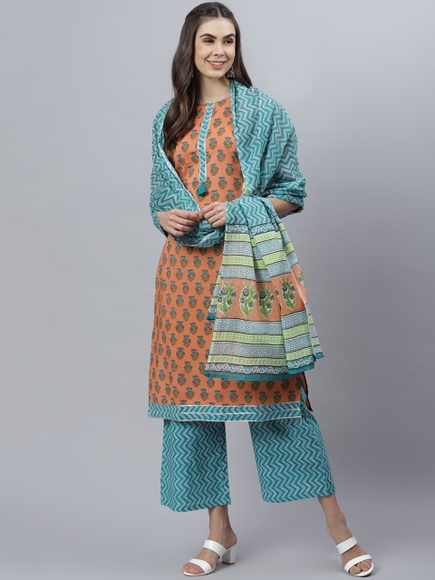 

QOMN Women Orange Printed Kurti with Trousers & Dupatta