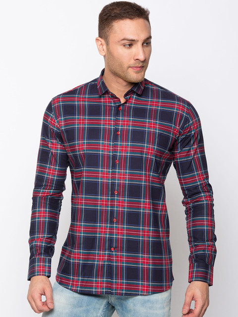 

mode de base Men Navy Blue & Red Slim Fit Checked Cotton Casual Shirt