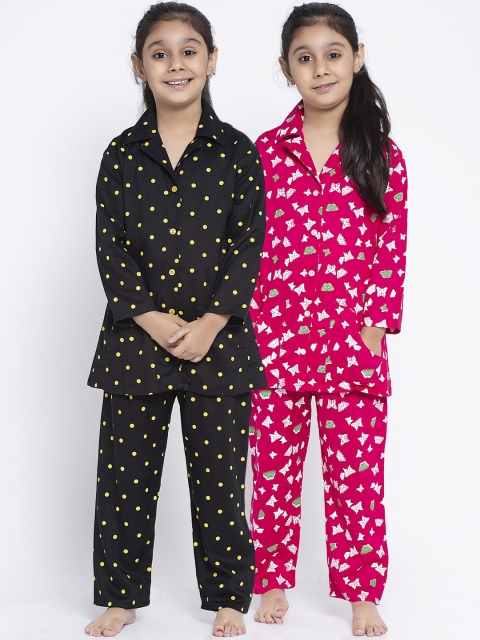 

Baani Creations Girls Pack of 2 Black & Pink Printed Night suit