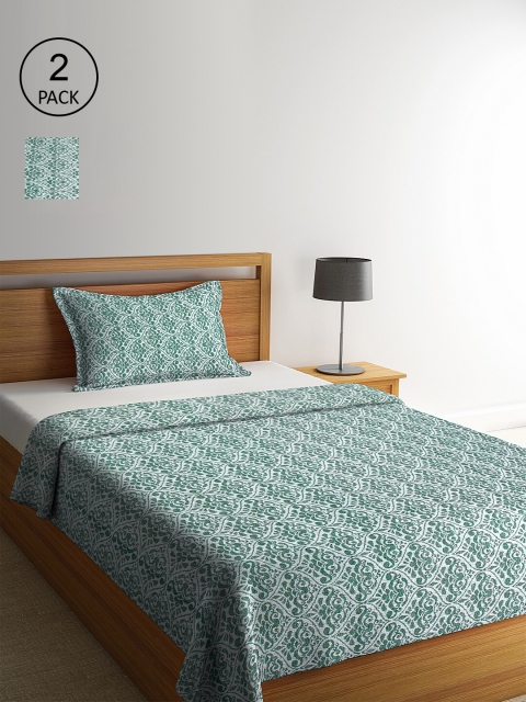 

KLOTTHE Set Of 2 Green & White Ethnic Motifs Single Bed Covers With 2 Pillow Covers
