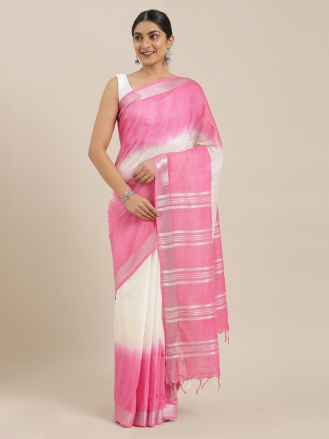 

The Chennai Silks Off-White & Pink Linen Blend Printed Saree