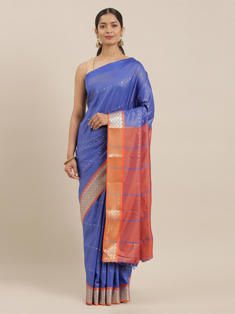 

The Chennai Silks Navy Blue & Gold-Toned Art Silk Striped Saree