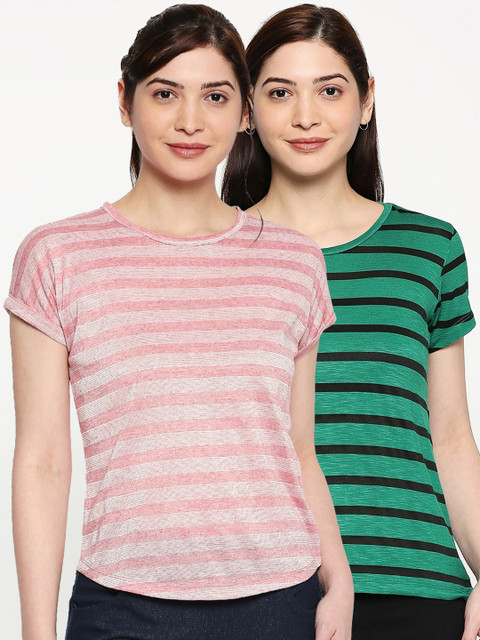 

inocenCia Women Pack of 2 Pink & Green Striped Round Neck T-shirt