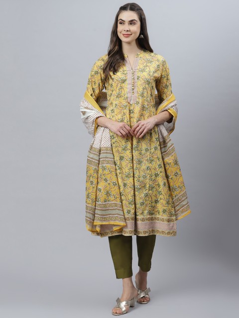 

QOMN Women Yellow & Green Printed Kurta with Trousers & Dupatta