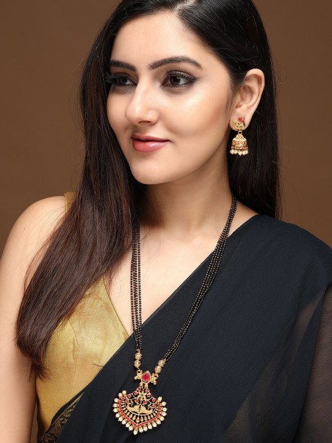 

Rubans 24K Gold-Plated Pink & Black Ruby-Studded Handcrafted Traditional Jewellery Set