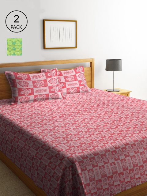 

KLOTTHE Set Of 2 Pink & Green Geometric Double King Bed Covers With 4 Pillow Covers