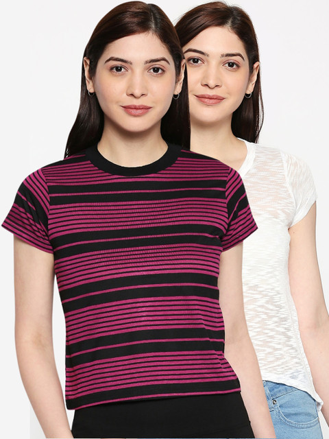 

inocenCia Women Pack of 2 Striped Round Neck T-shirt, Purple
