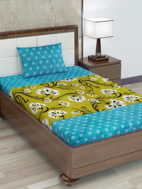 

Divine Casa Turquoise Blue & Lime Green Ethnic Motifs 144 TC Cotton 1 Single Bedsheet with 1 Pillow Covers