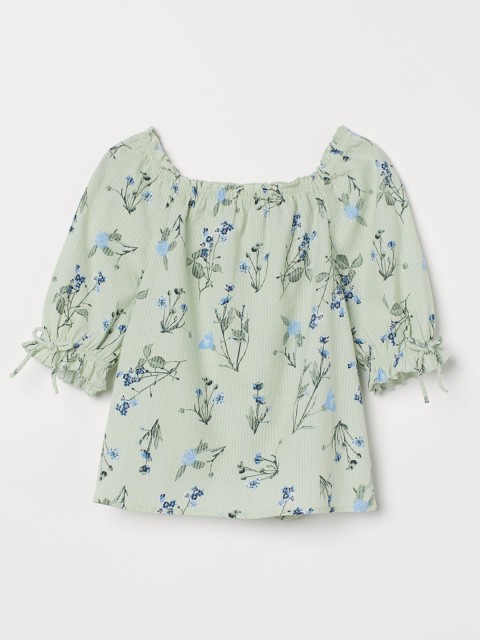 

H&M Girls Green & Blue Pure Cotton Floral Printed Seersucker Blouse