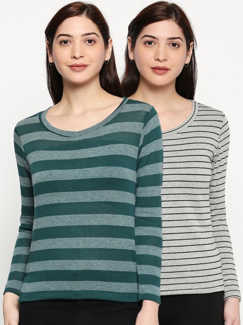 

inocenCia Women Pack Of 2 Striped V-Neck T-shirts, Green